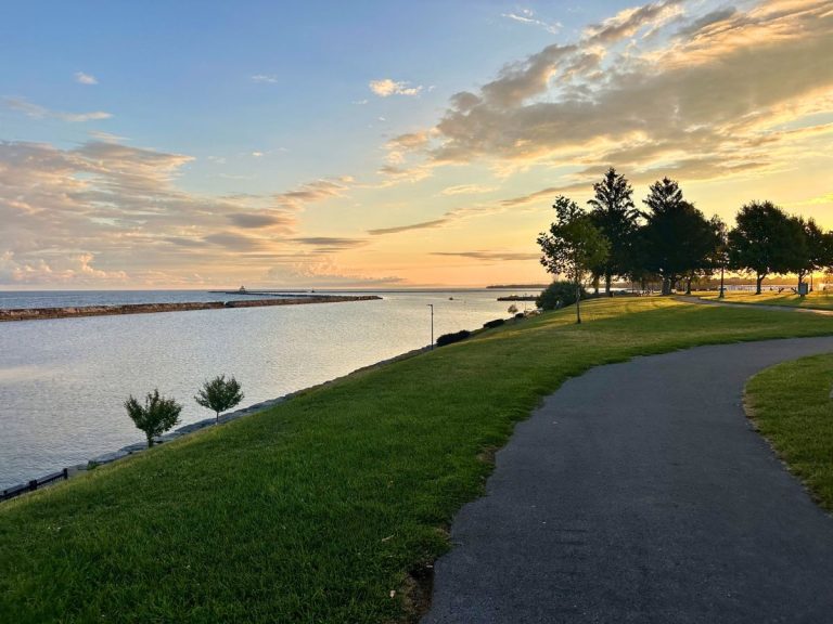 A walking path and lake view