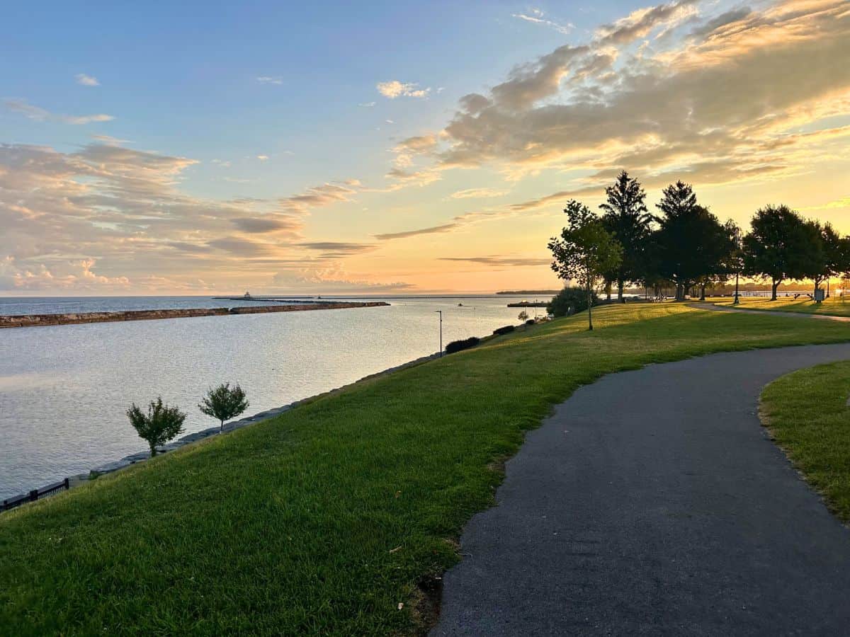 A walking path and lake view